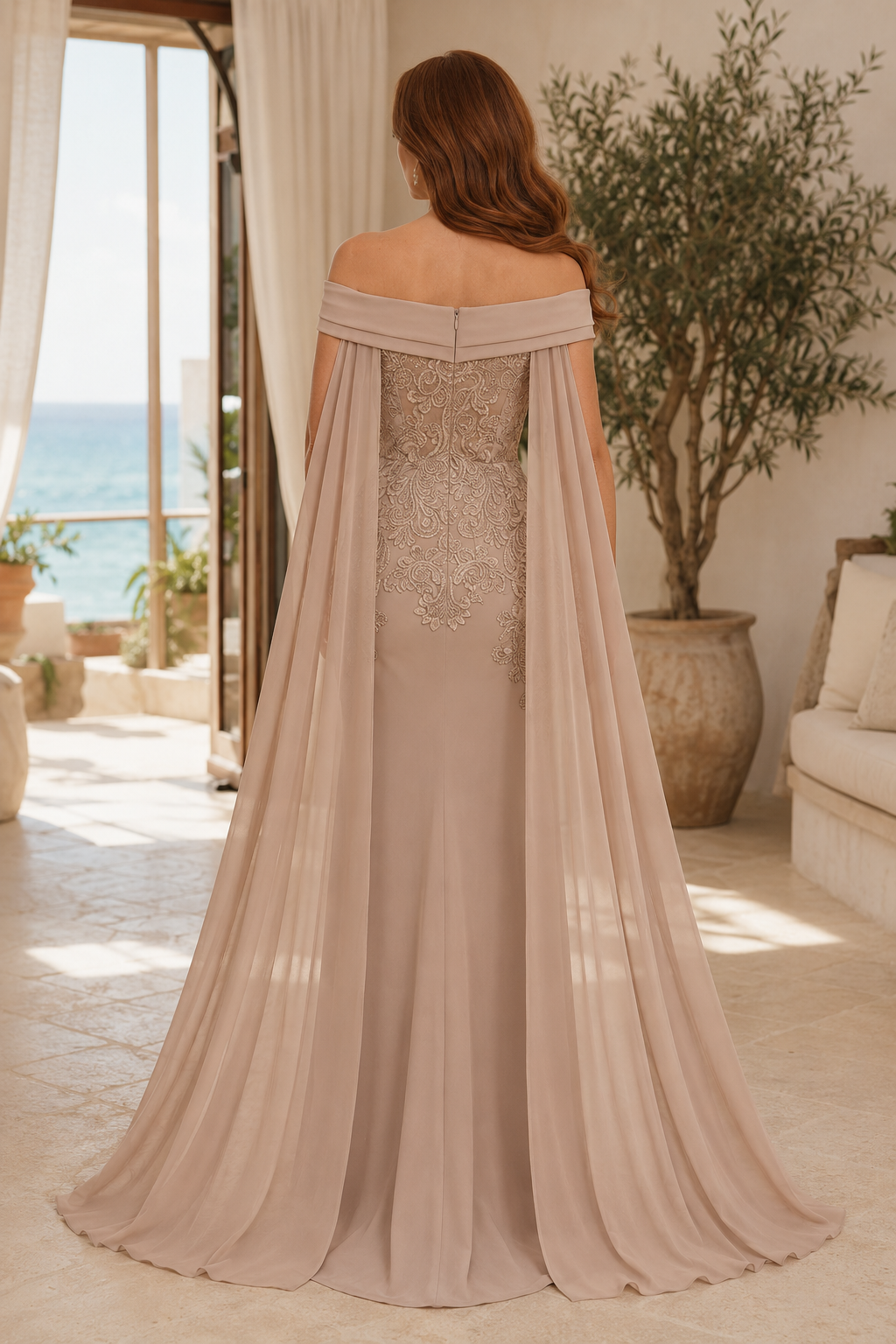 Off-the-Shoulder Lace Sheath Gown with Flowing Cape Sleeves