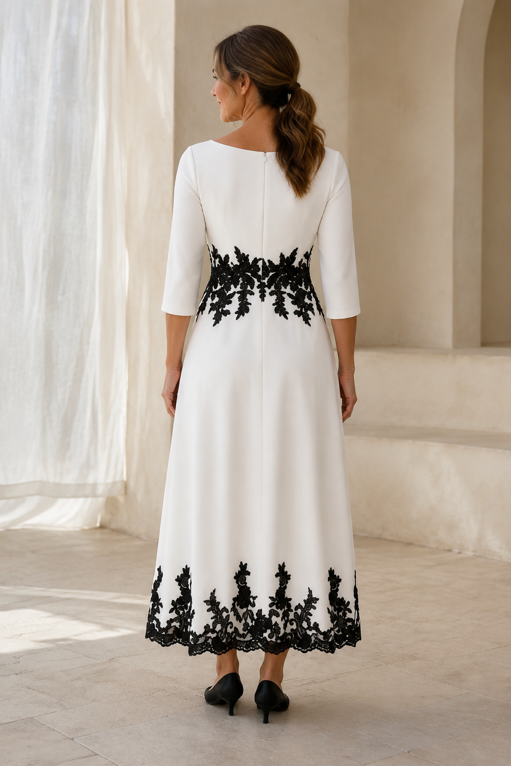 A-Line Midi Dress with Black Lace Appliqué Trim