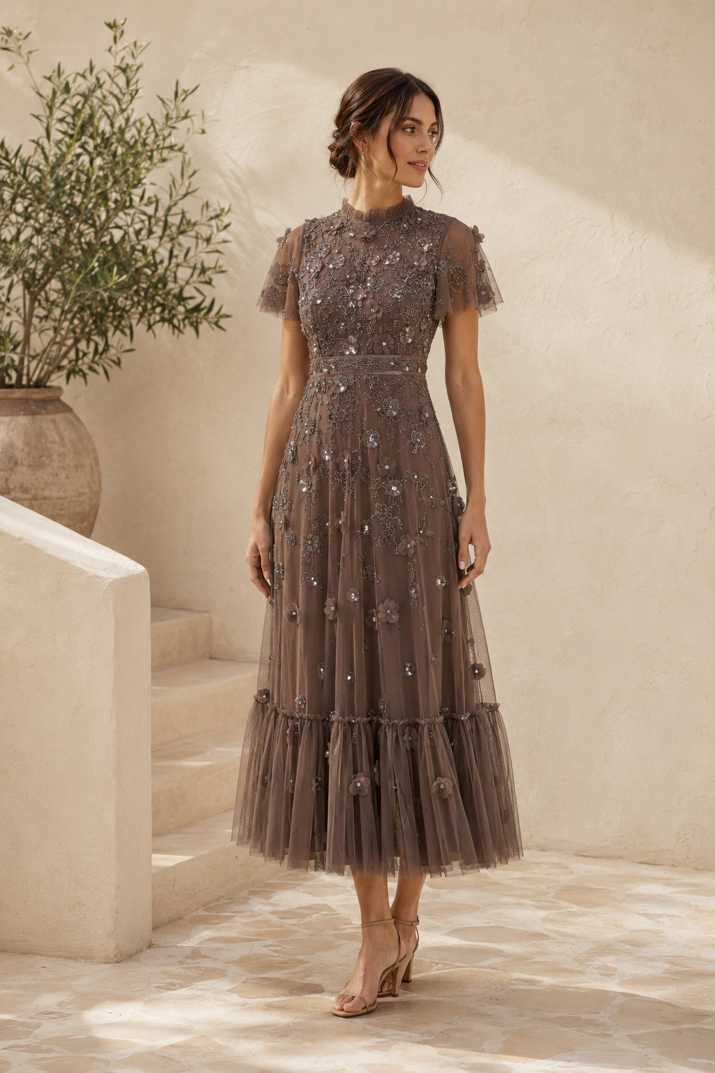 Floral Embroidered Tulle Midi Dress with Flutter Sleeves