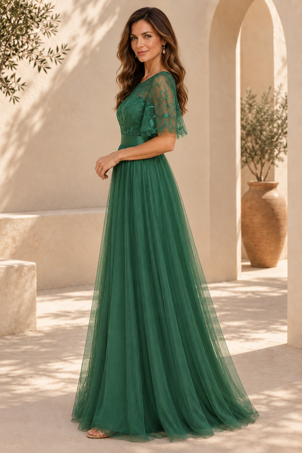 Embroidered Flutter Sleeve Tulle A-Line Maxi Dress