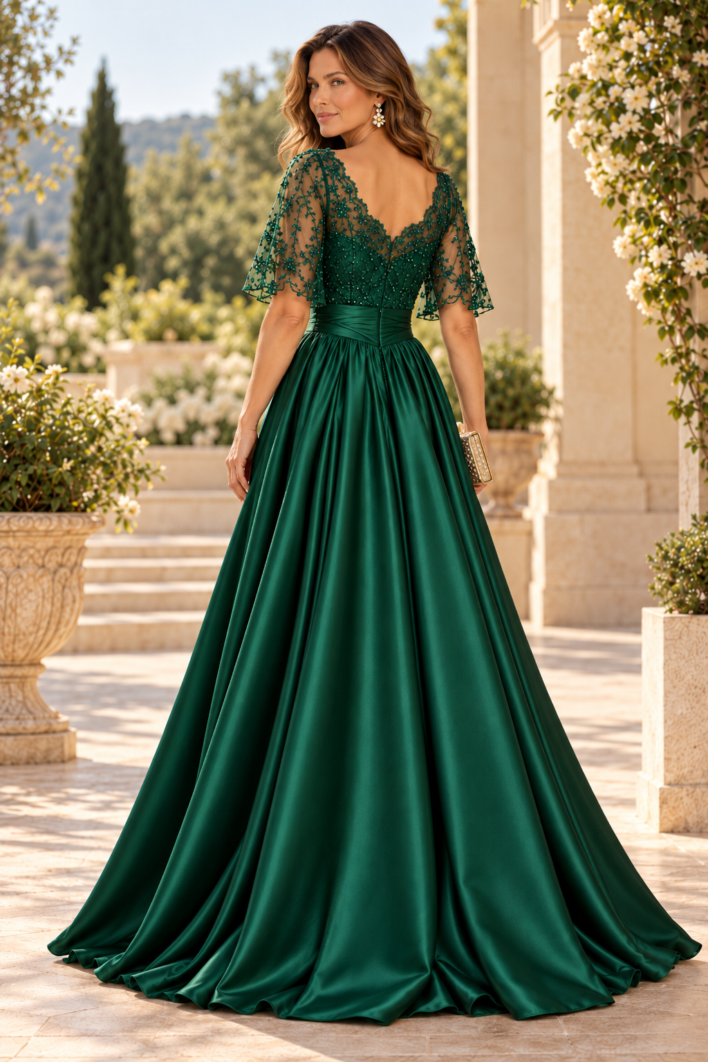 Embroidered Bodice Flutter Sleeve A-Line Gown
