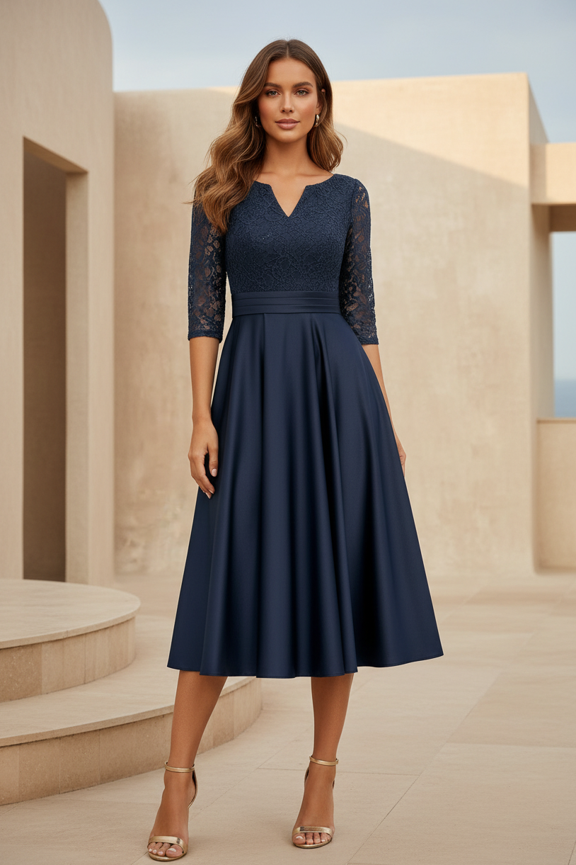 Elegant Lace Bodice Midi Dress with 3/4 Sleeves