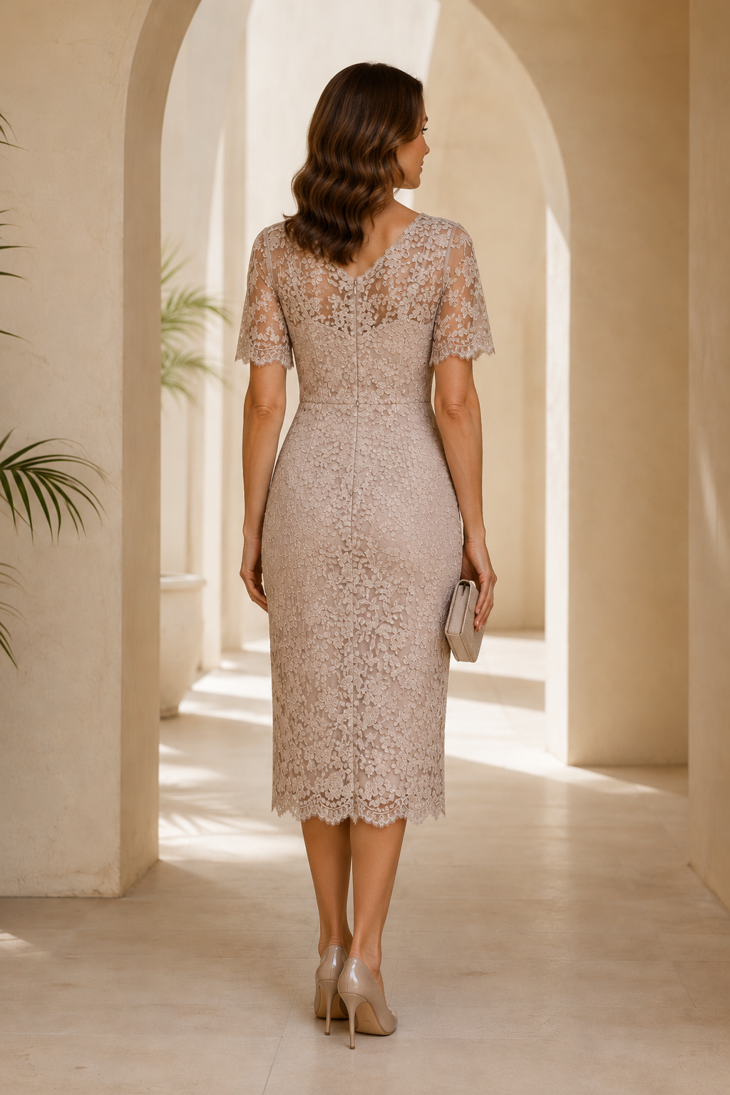 Scalloped V-Neck Lace Sheath Midi Dress