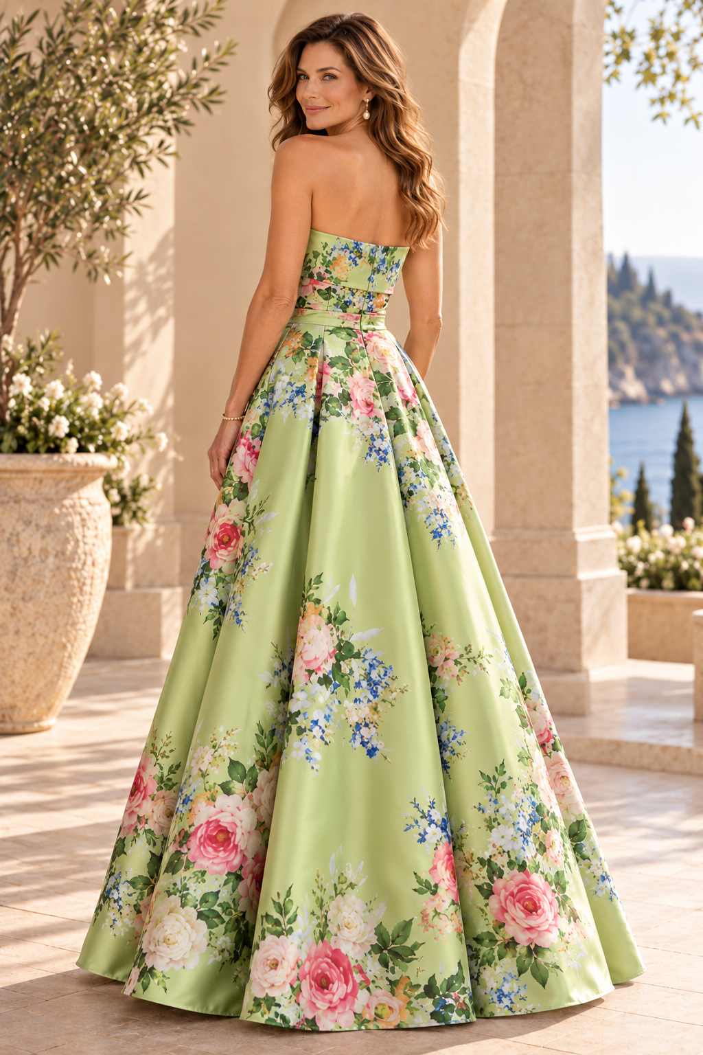 Strapless Floral Print Pleated A-Line Gown