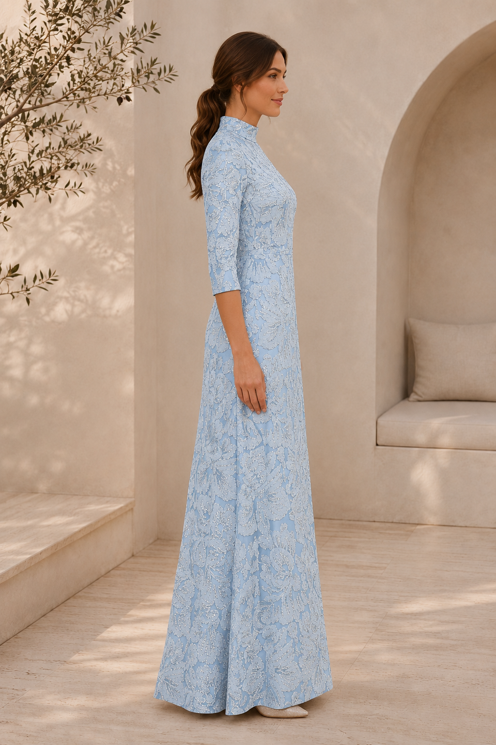 High-Neck Floral Jacquard Gown with 3/4 Sleeves