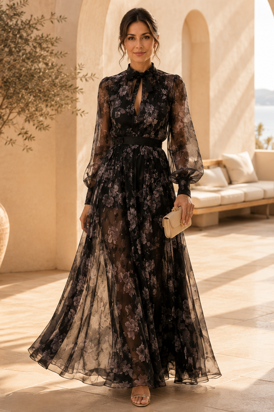 Geblümtes Maxikleid mit Bindekragen und langen Ärmeln
