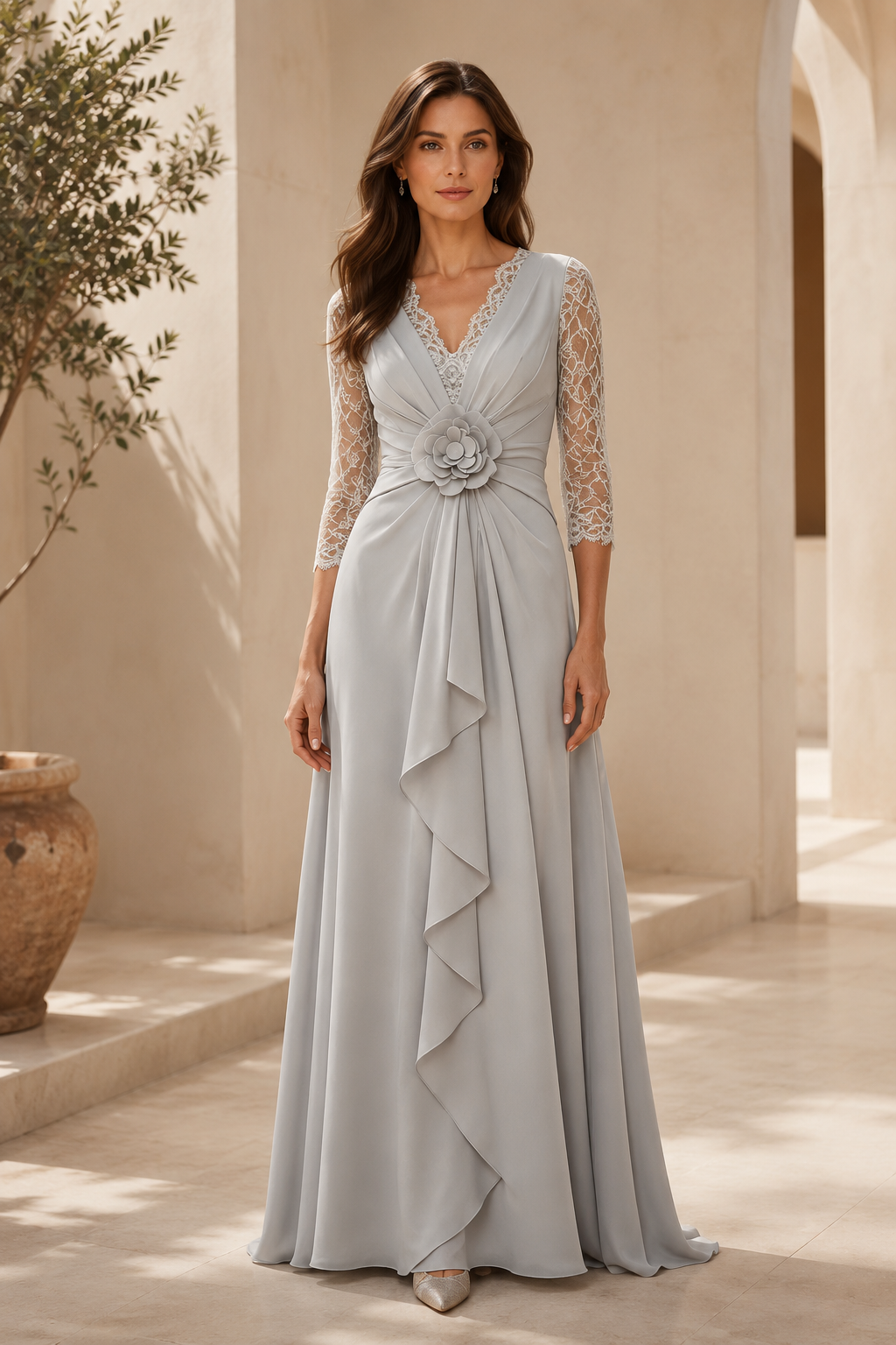 Lace 3/4 Sleeve Pleated A-Line Gown with 3D Flower