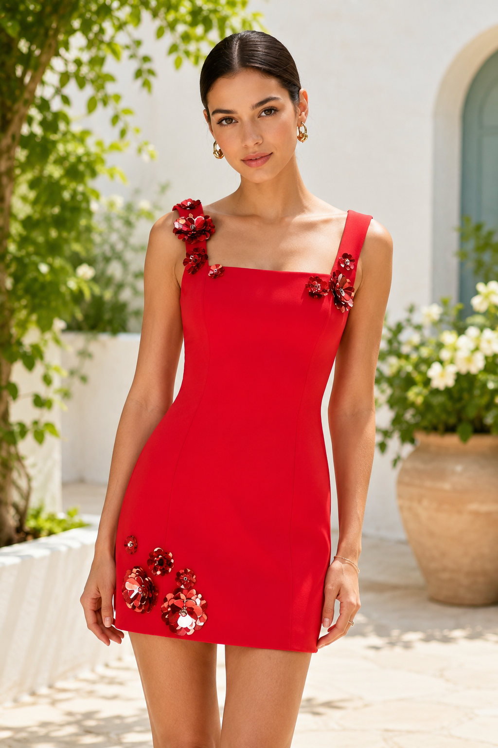 3D Floral Applique Square Neck Mini Dress