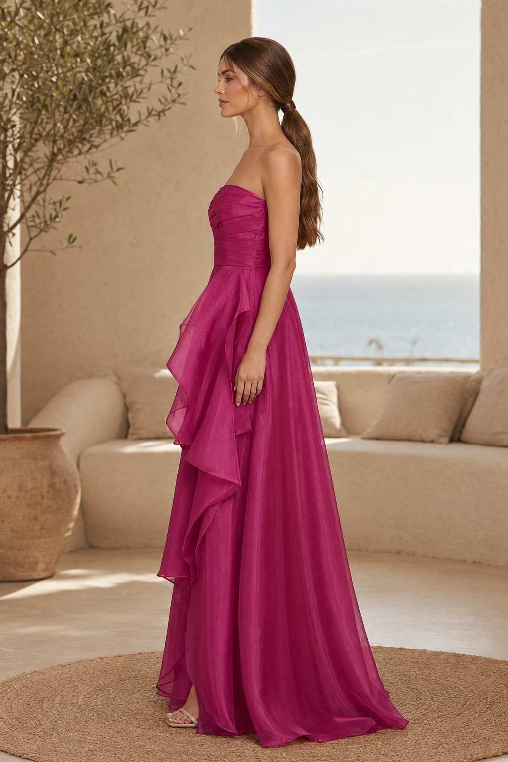 Strapless Ruched Bodice A-Line Gown with Cascading Ruffle