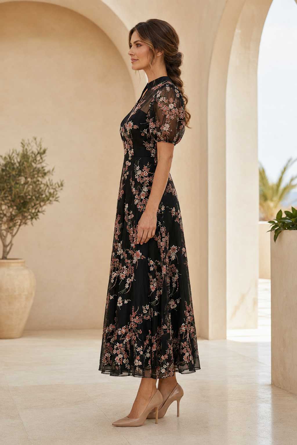Floral Embroidered Puff Sleeve A-Line Midi Dress