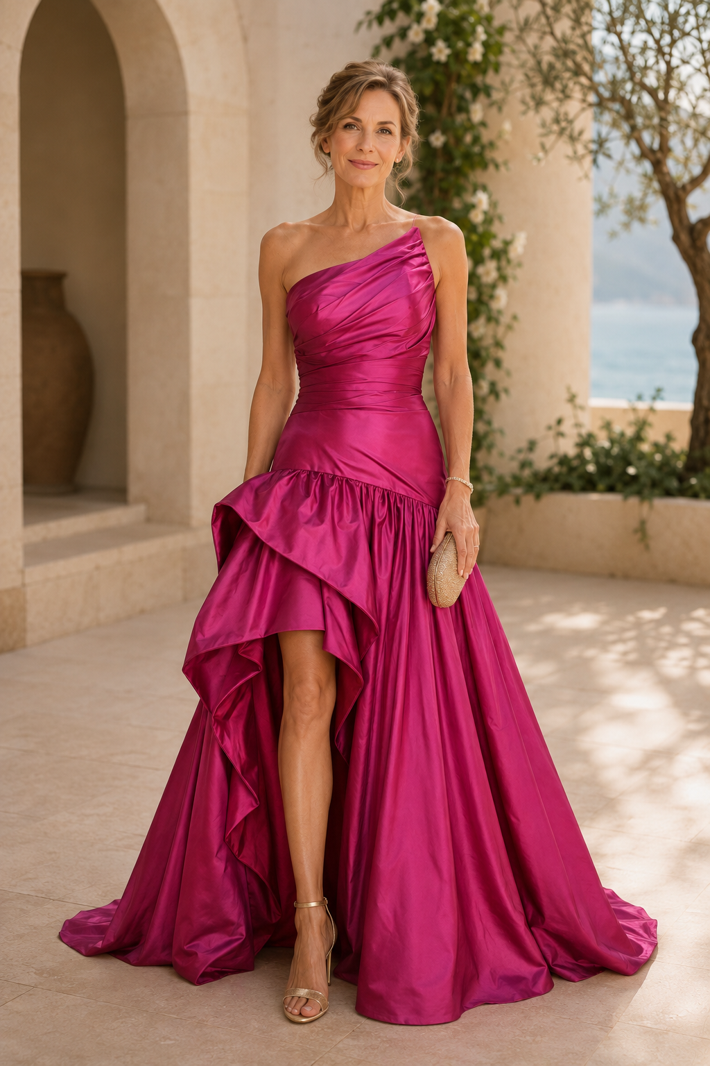 Raffinierte One-Shoulder-Robe mit Stufenrock und High-Low-Saum