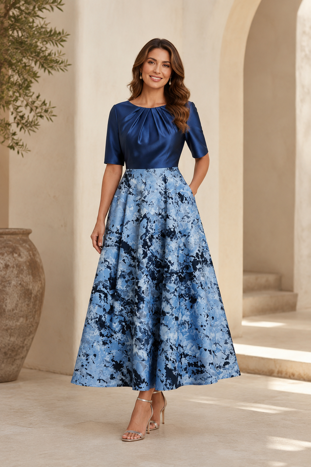 Pleated A-Line Tea-Length Dress with Pockets