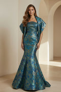 Strapless Metallic Jacquard Mermaid Gown with Shawl