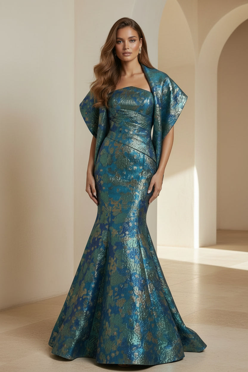 Strapless Metallic Jacquard Mermaid Gown with Shawl