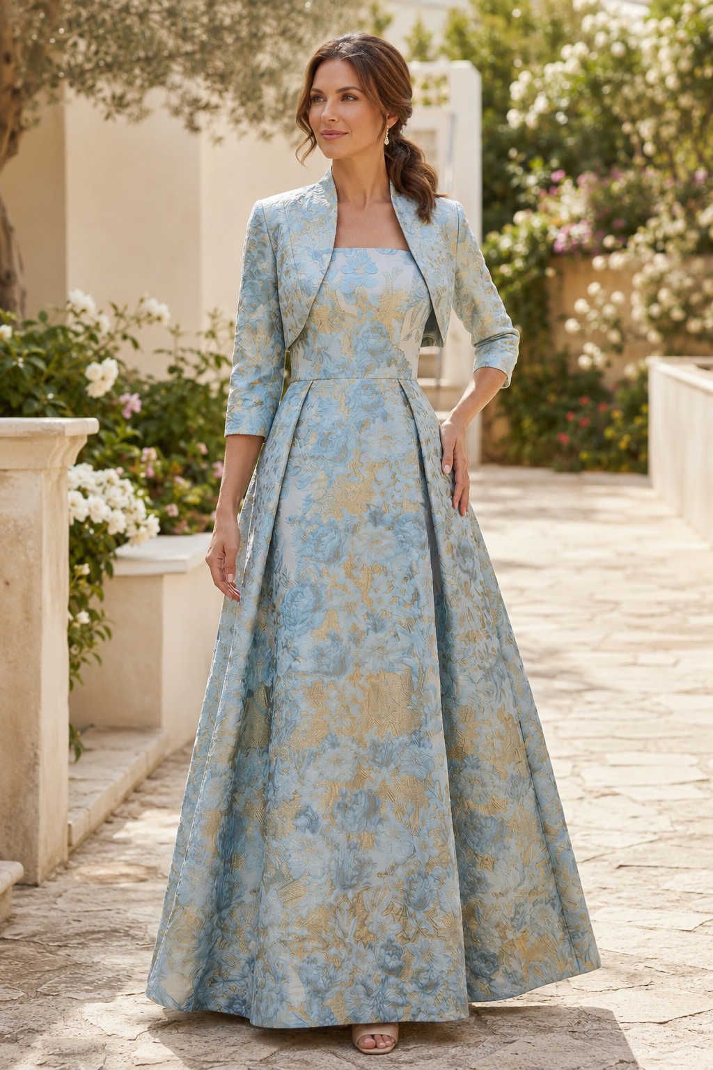 Floral Jacquard A-Line Gown with Cropped Jacket