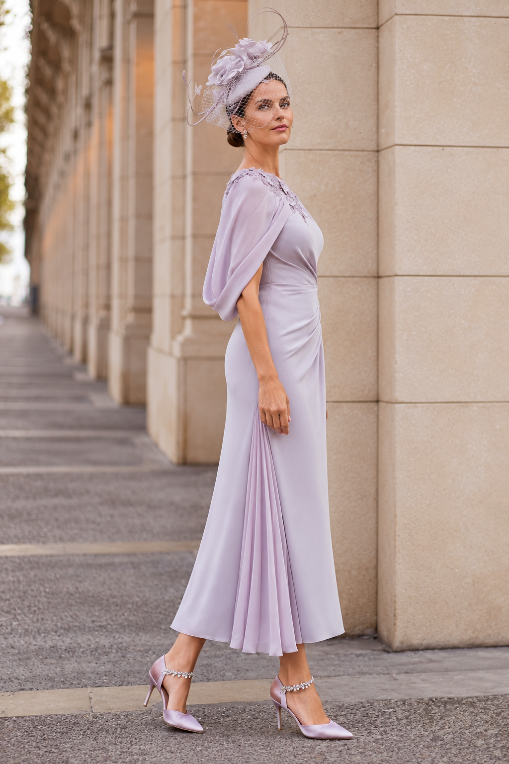 Asymmetrical Midi Dress with Cape Detail and Appliqués