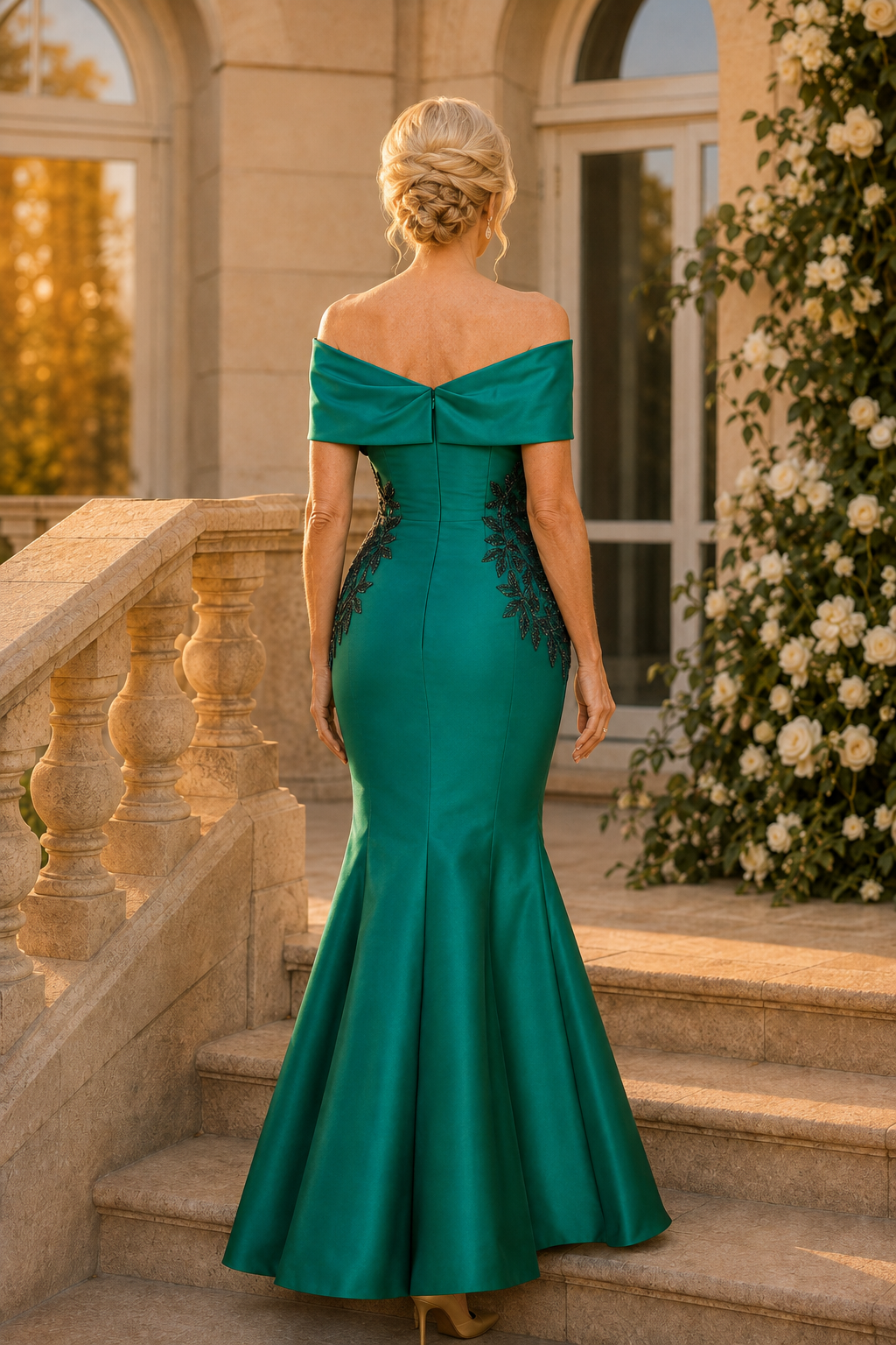 Off-Shoulder Satin Mermaid Gown with Appliques