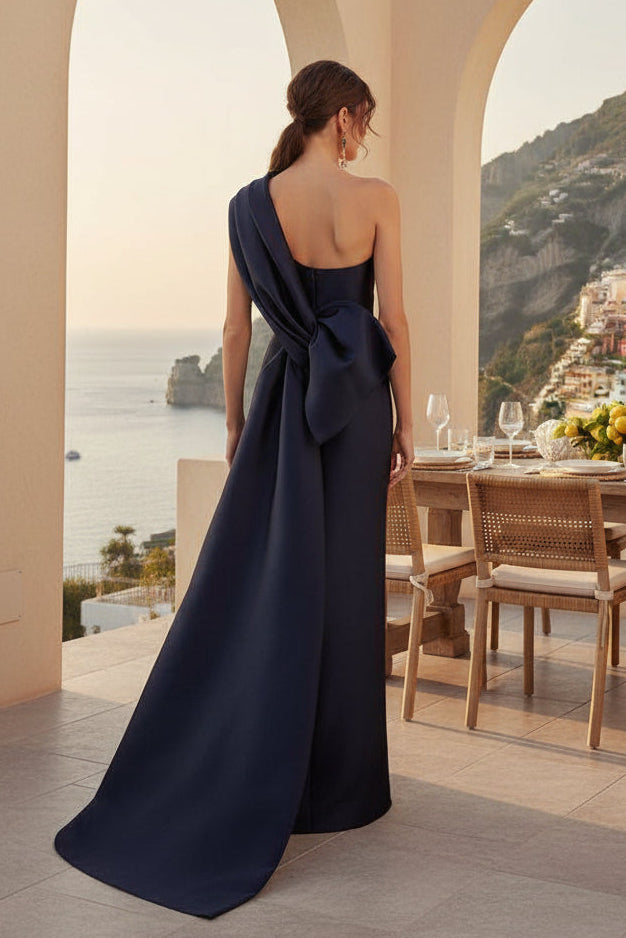 One-Shoulder Satin Evening Gown with Back Bow