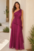 One Shoulder Pleated Waist Ruffle A-Line Evening Gown