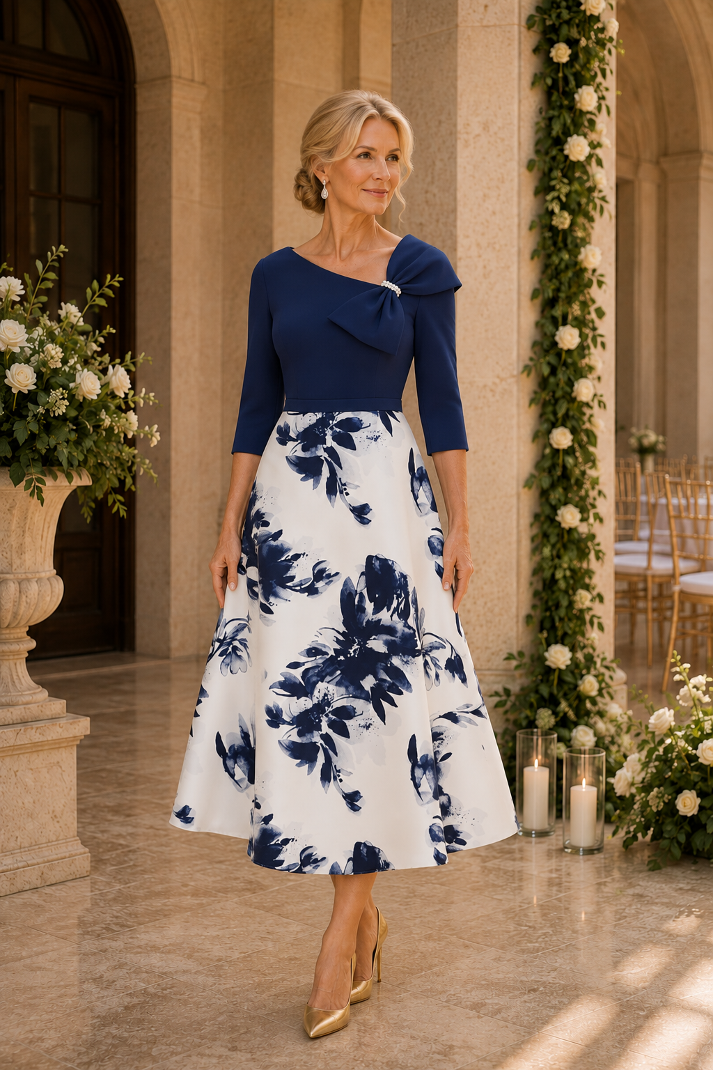 Asymmetrical Bow Floral A-Line Midi Dress