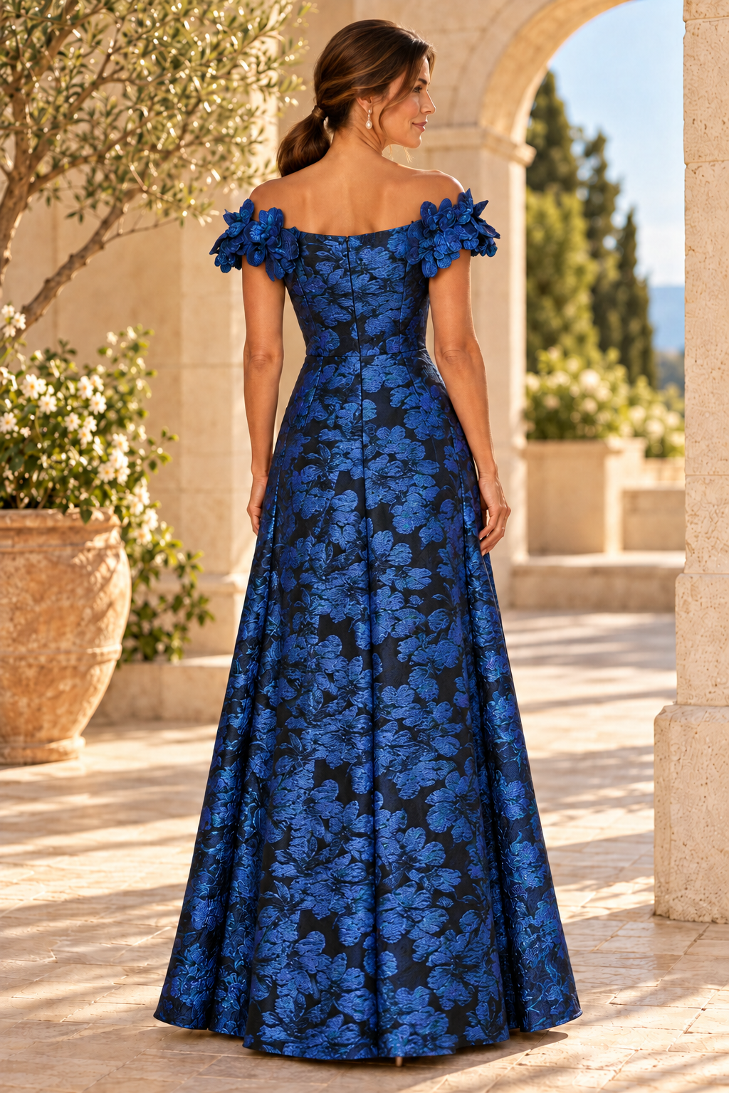 Floral Jacquard Off-Shoulder Gown with 3D Flowers