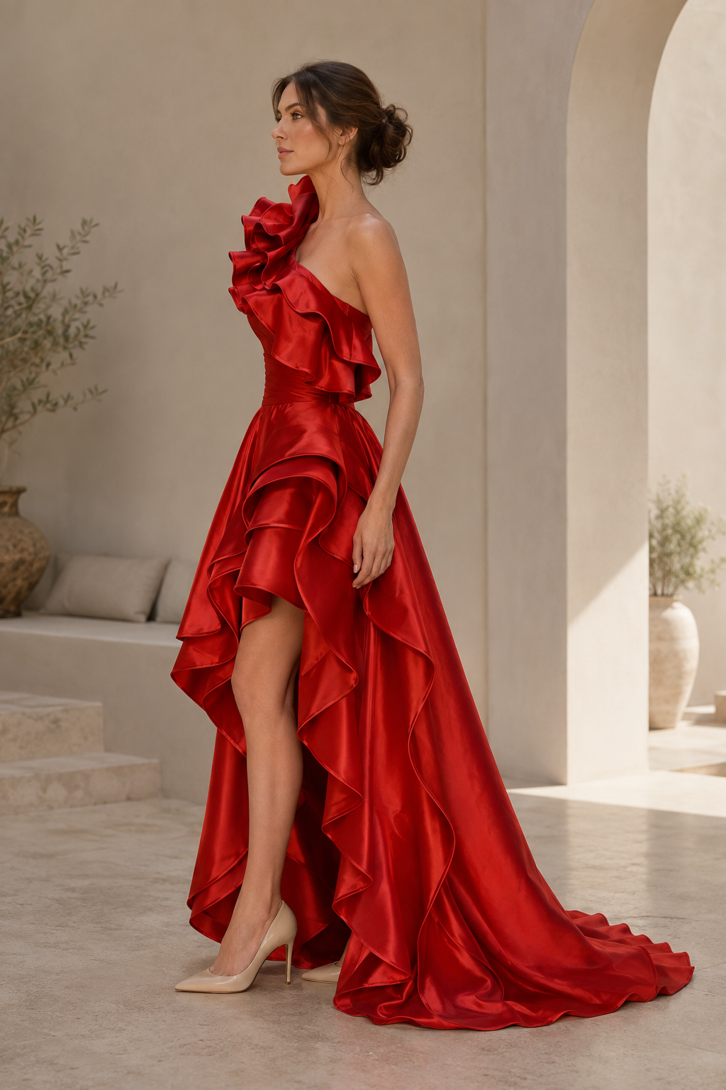 One-Shoulder Ruffled High-Slit Ball Gown