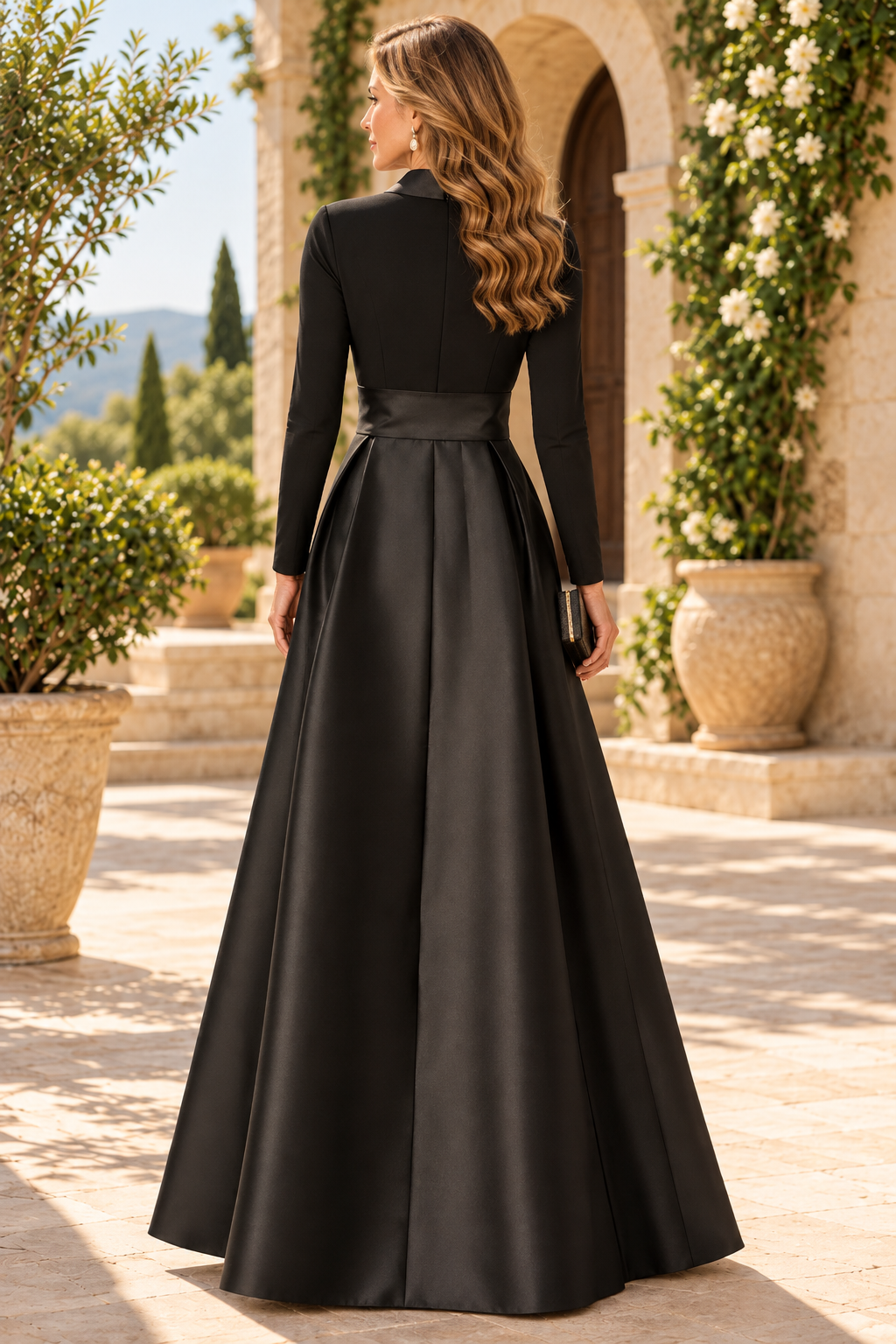 Tuxedo Wrap Evening Gown with Bow Belt