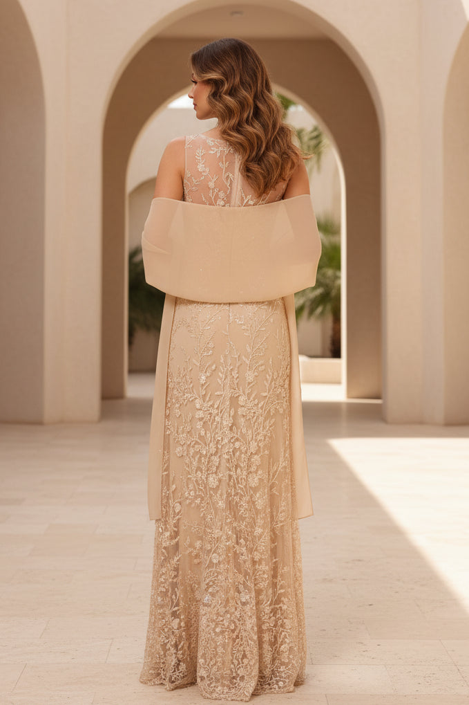 Floral Lace Sheath Gown with Chiffon Shawl
