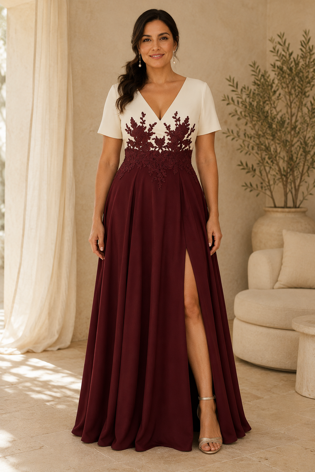 Two-Tone V-Neck Gown with Lace Waist and Side Slit