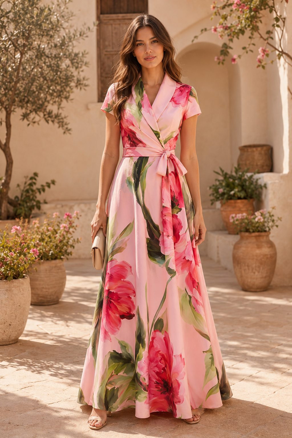 Floral Print Wrap-Style Maxi Dress with Belted Waist