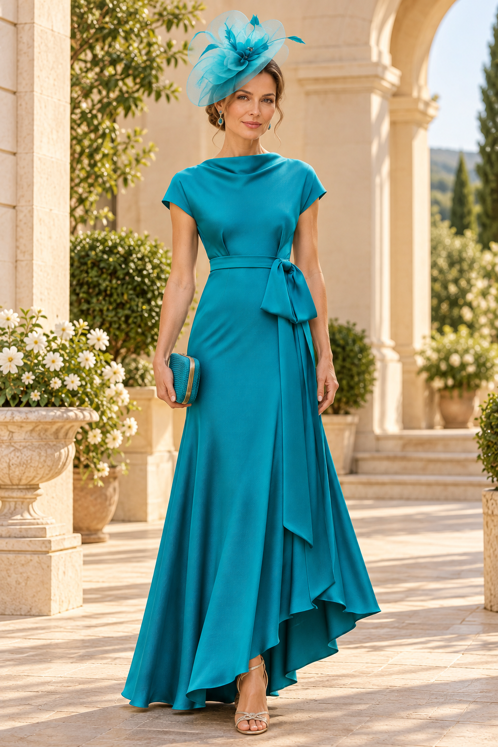 Cowl Neck High-Low Gown with Tie Waist
