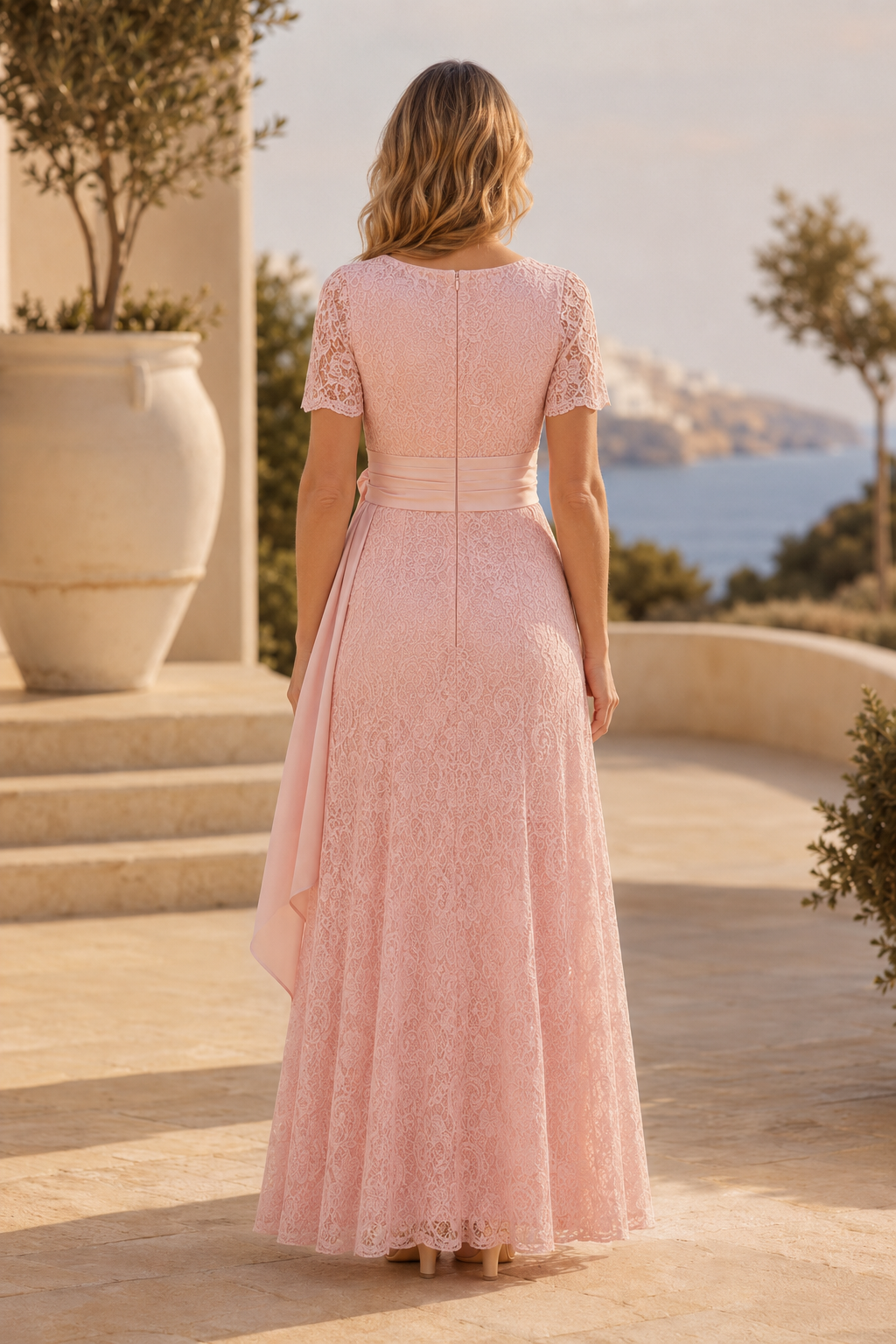 Lace Sash-Tie A-Line Evening Gown with Short Sleeves