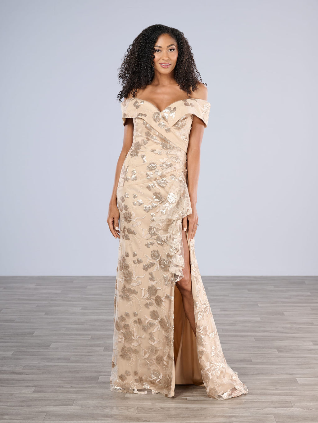 Off-the-Shoulder Floral Sequin Gown with Slit