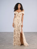 Off-the-Shoulder Floral Sequin Gown with Slit