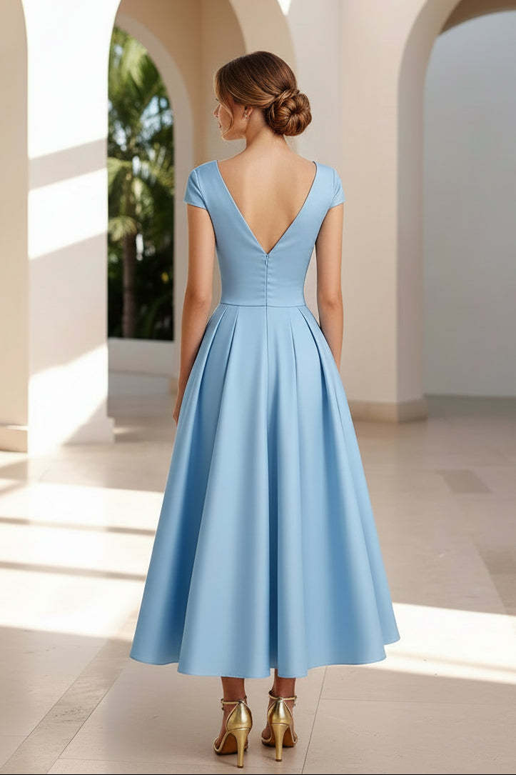 Cap Sleeve V-Neck Ruched Bow Midi Formal Dress