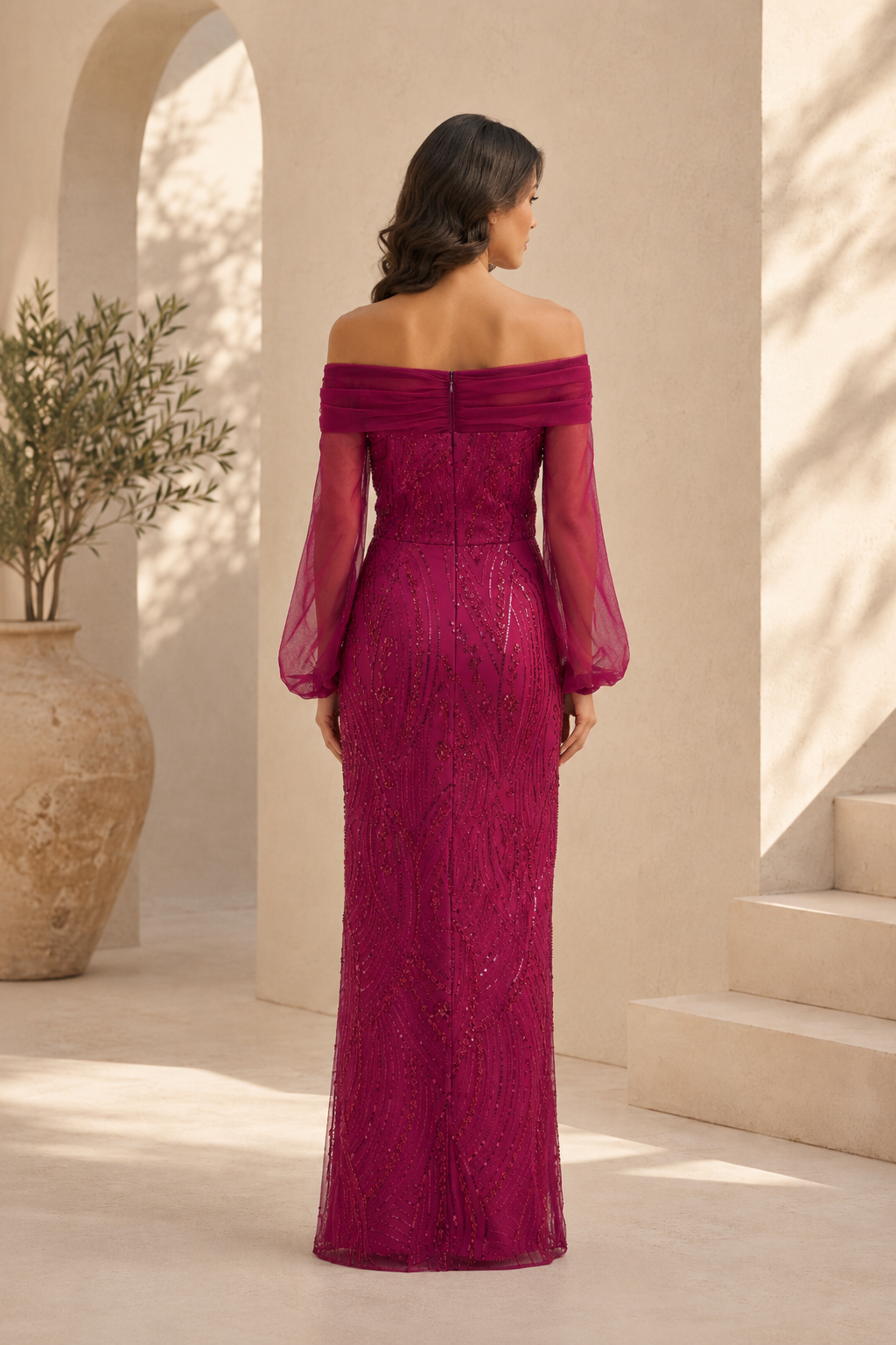 Off-Shoulder Sequin Sheath Gown with Sheer Long Sleeves