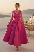 Satin V-Neck Midi A-Line Dress with Bow and Pockets