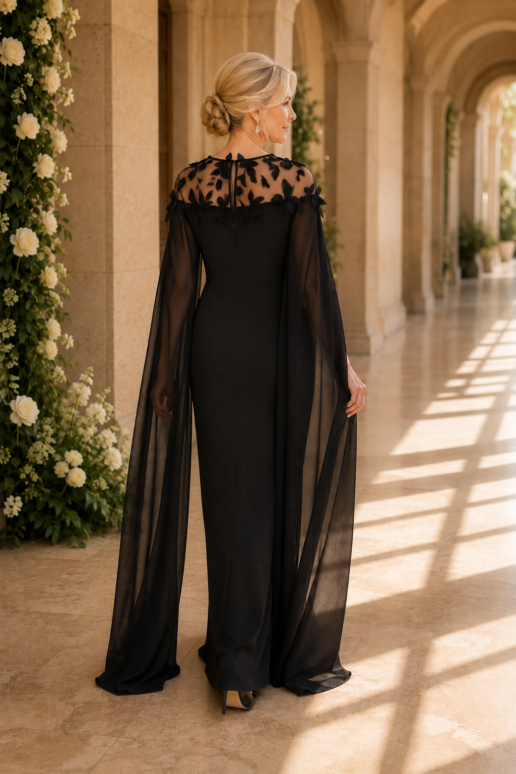 Illusion Neckline Cape Evening Gown