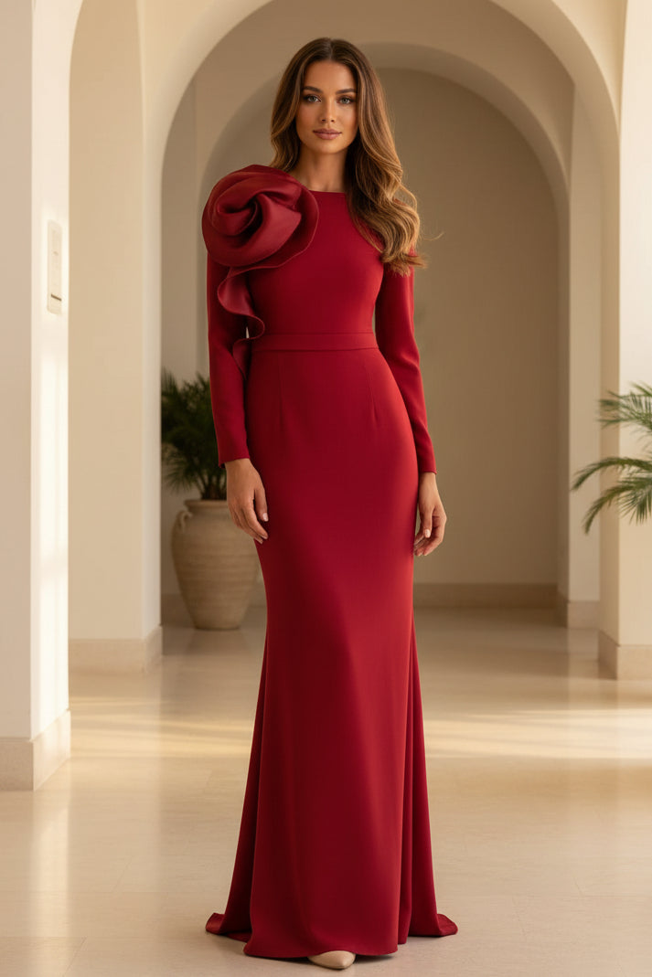 Elegant Long Sleeve Column Gown with 3D Floral Detail