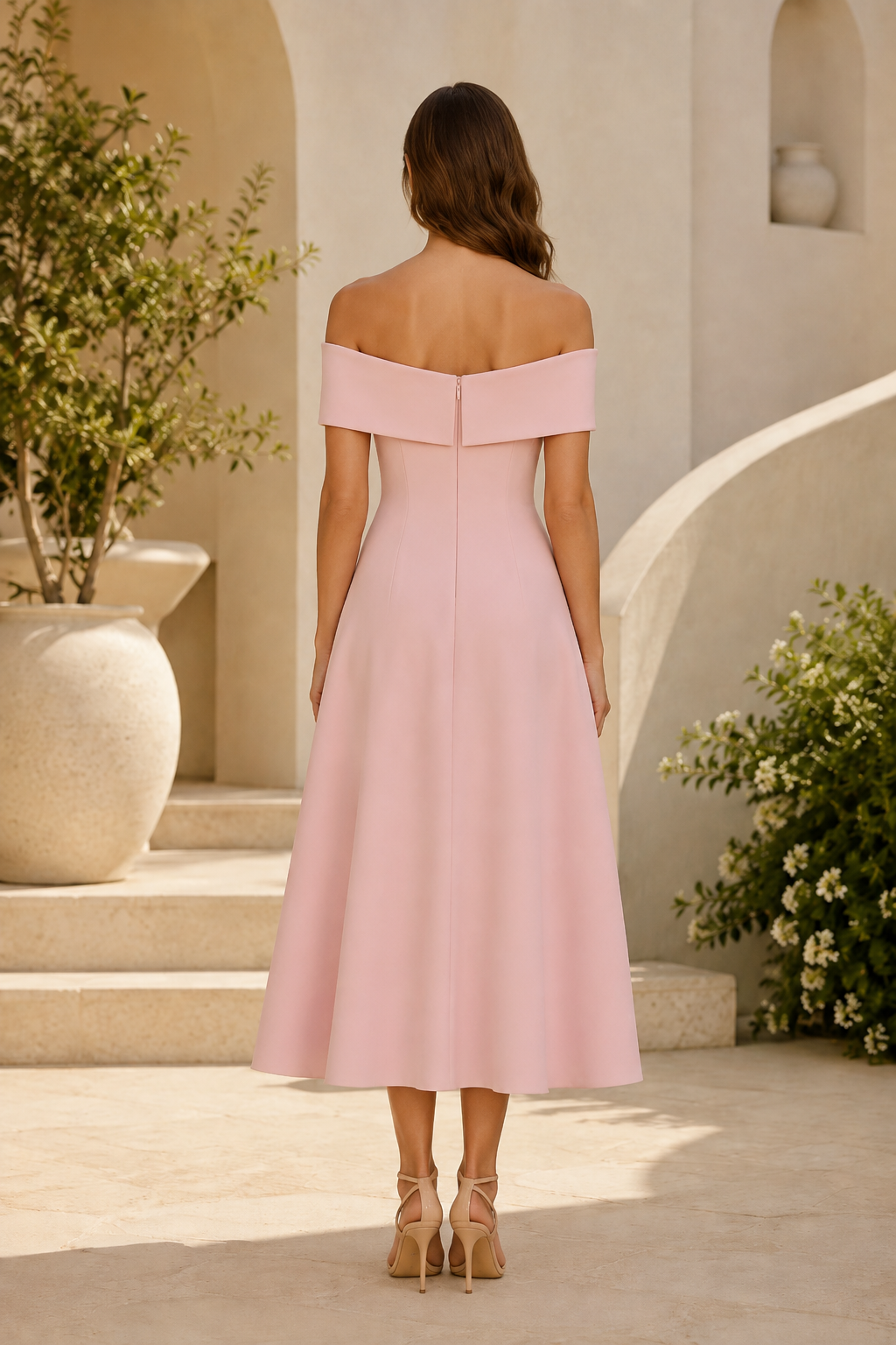 Off-the-Shoulder Floral Applique Midi Dress
