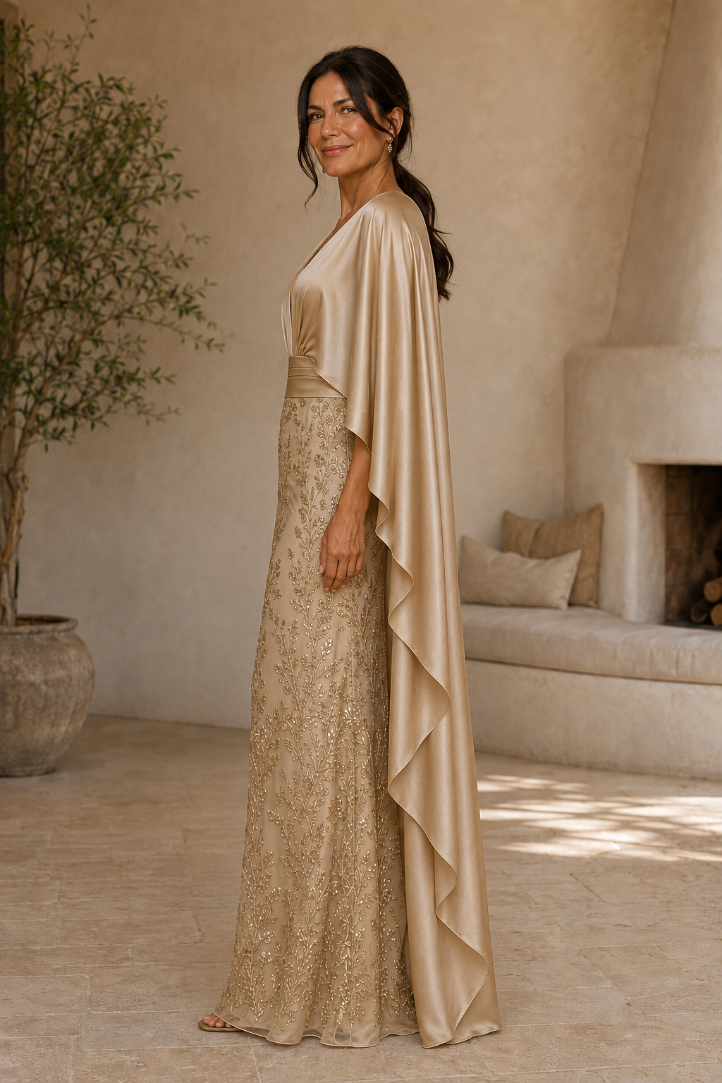 Pleated Satin Cape Gown with Embroidered Skirt
