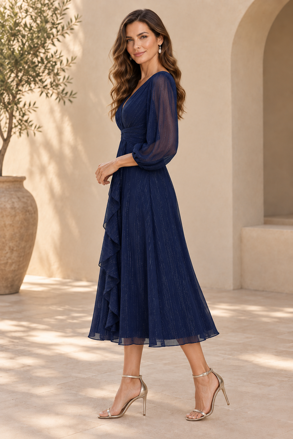 Shimmer V-Neck Long Sleeve Midi Dress