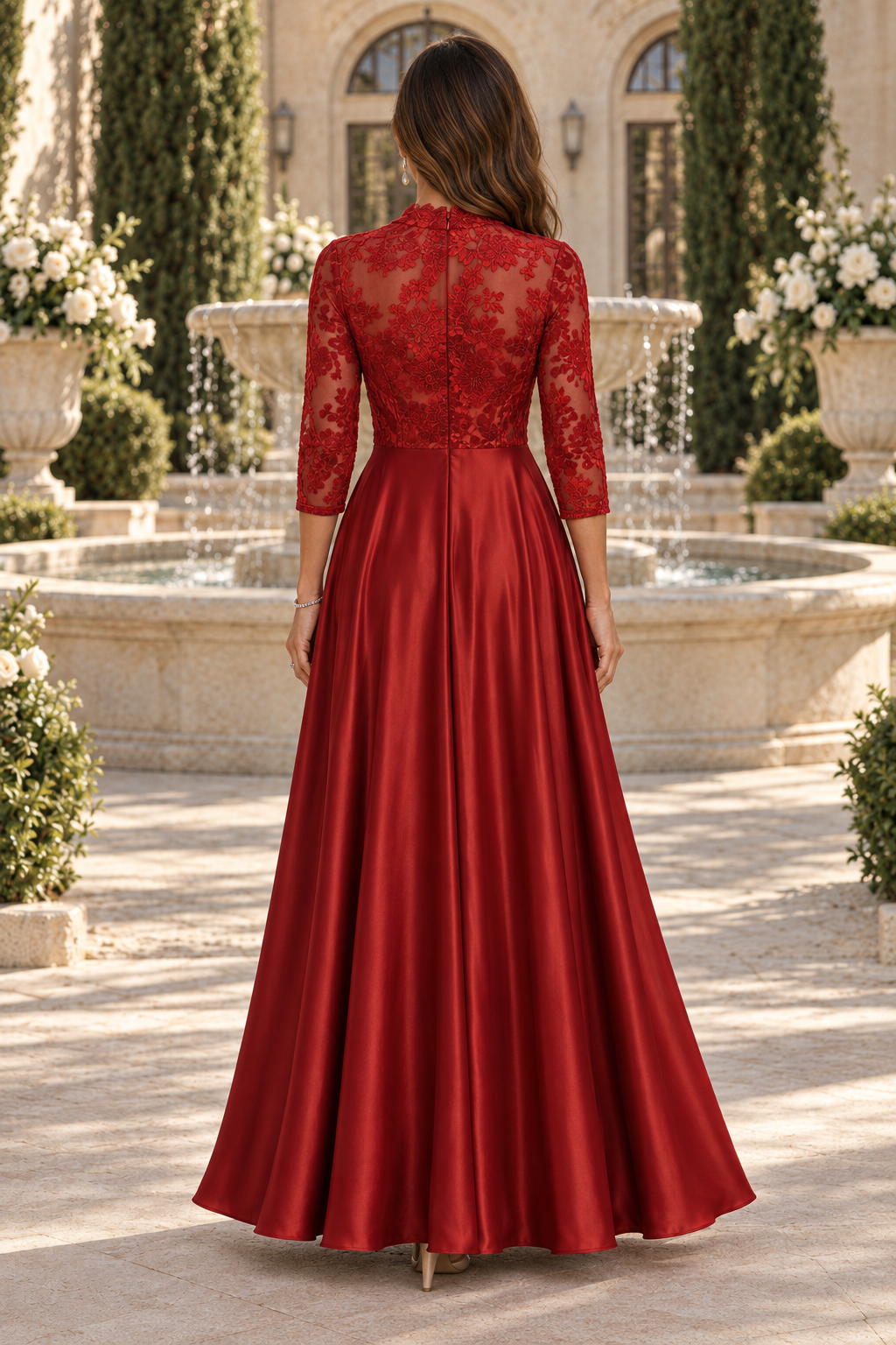 Illusion Lace 3/4 Sleeve Satin A-Line Formal Gown