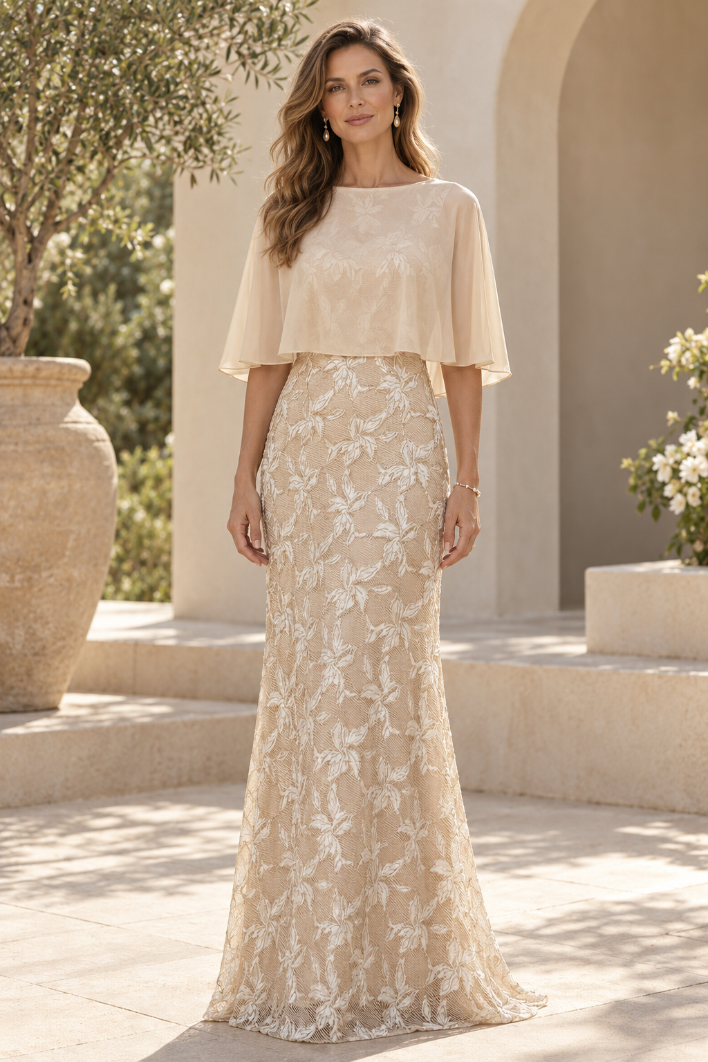 Embroidered Lace Gown with Capelet