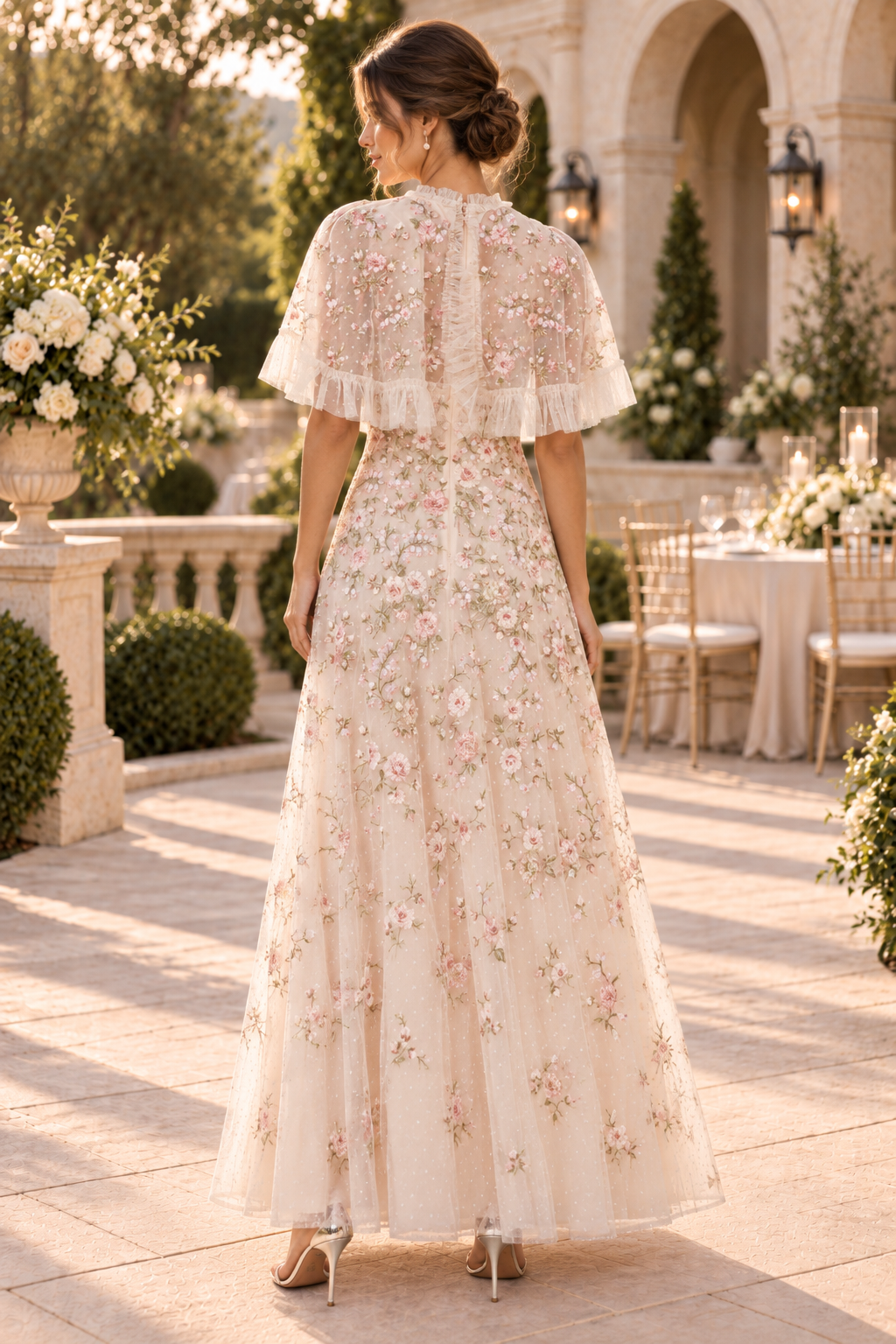 Embroidered Floral A-Line Gown with Capelet