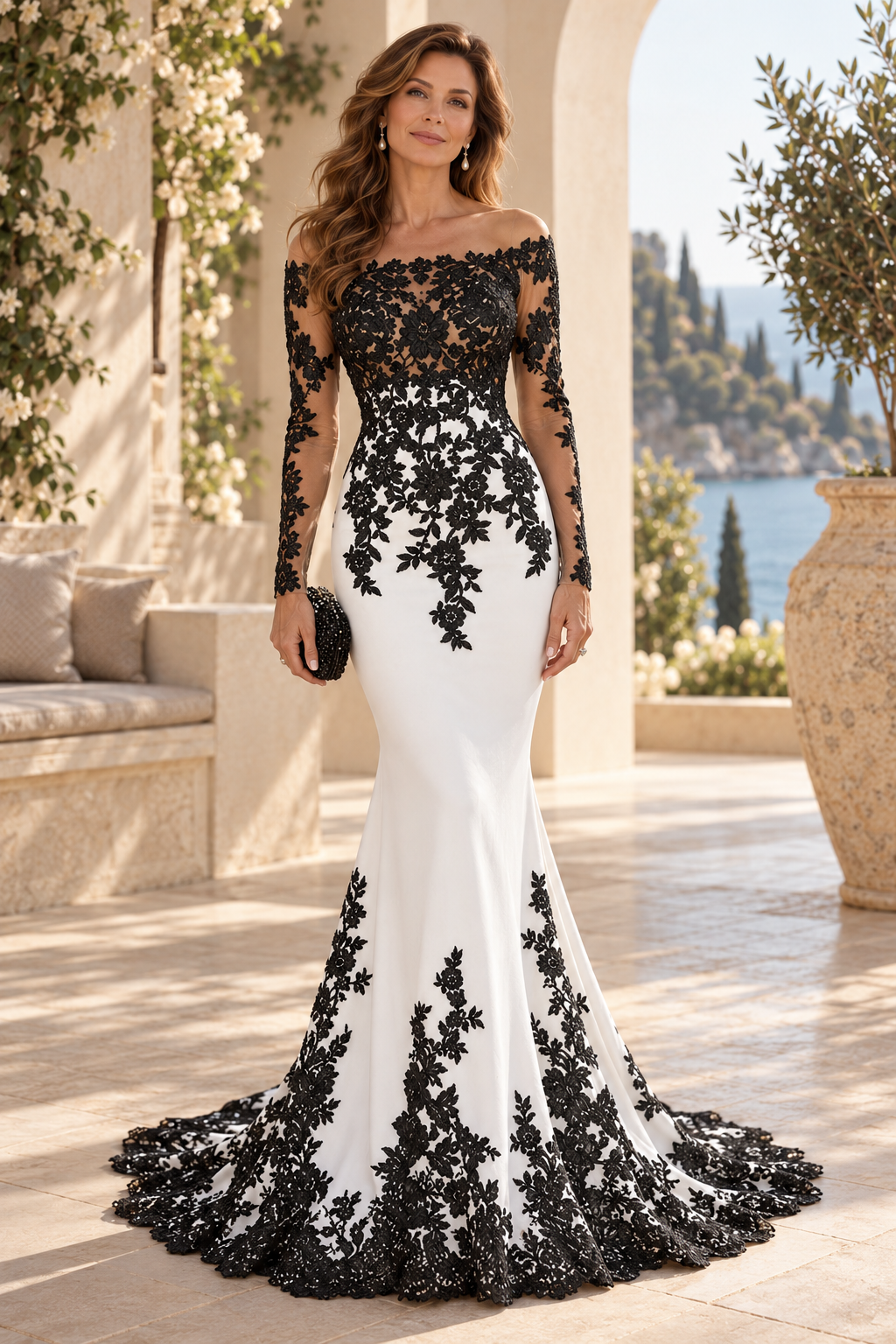 Lace Applique Mermaid Gown with Illusion Sleeves