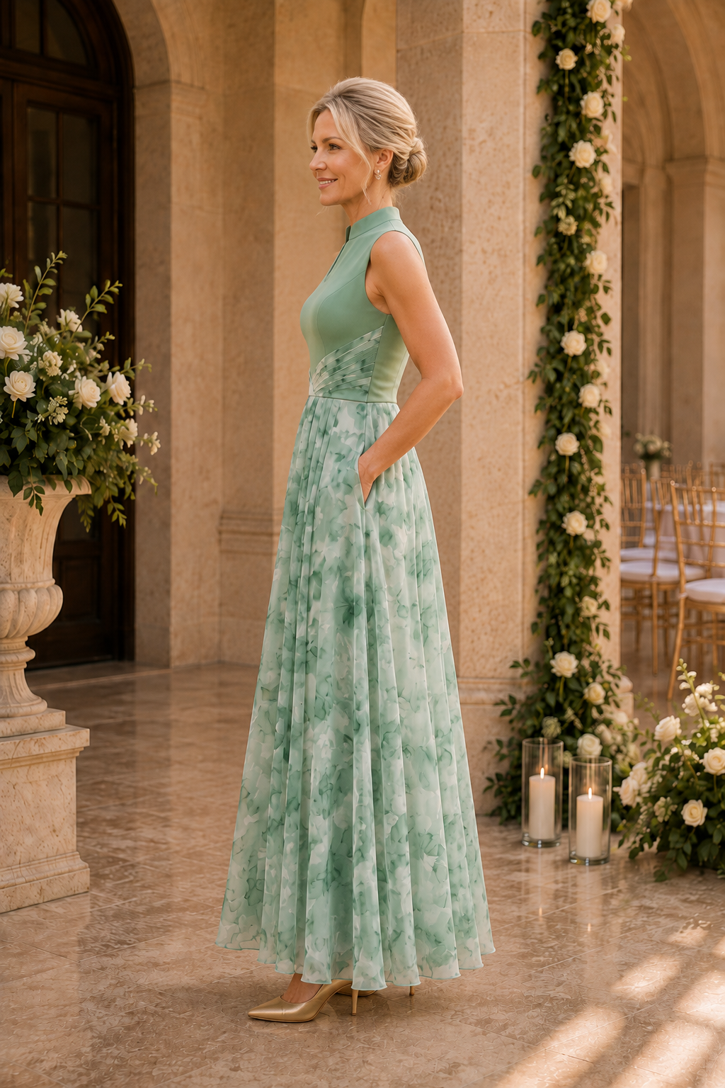 Sleeveless Floral Print Maxi Dress with Pockets