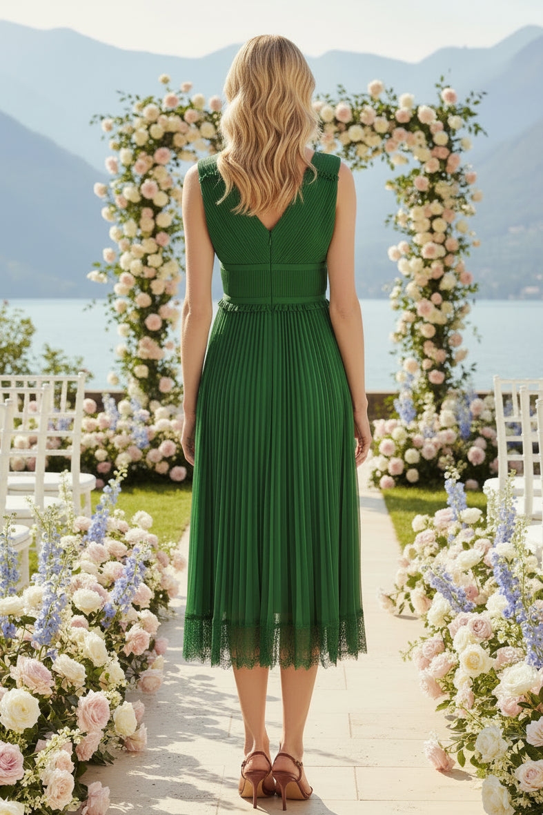 Pleated V-Neck Midi Dress with Lace Trim