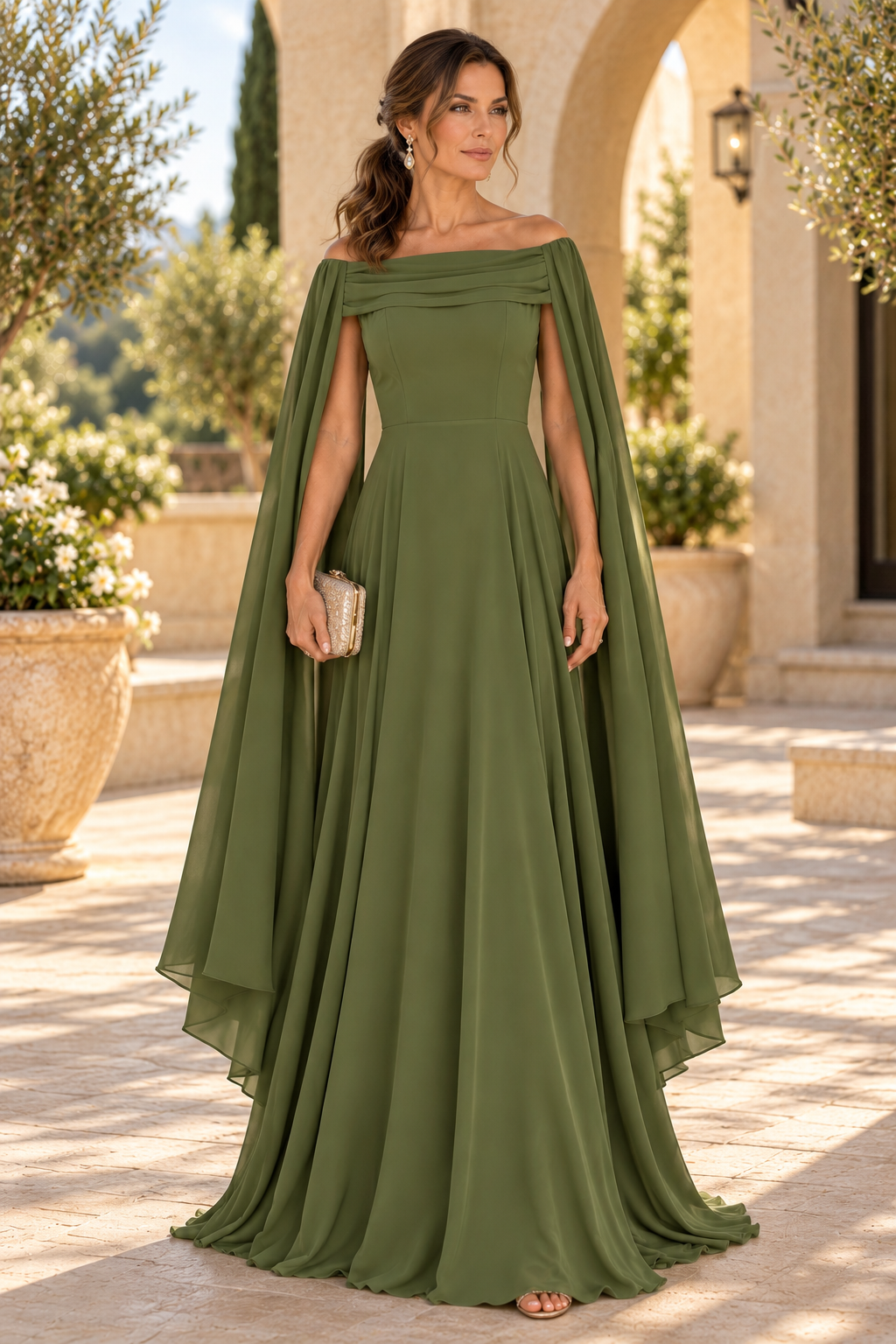 Off-the-Shoulder Cape Sleeve A-Line Gown