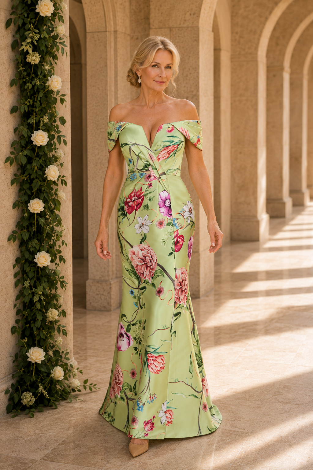Floral Satin Off-the-Shoulder Trumpet Gown